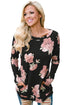Sexy Floral Print Elbow Patch Black Long Sleeve Top